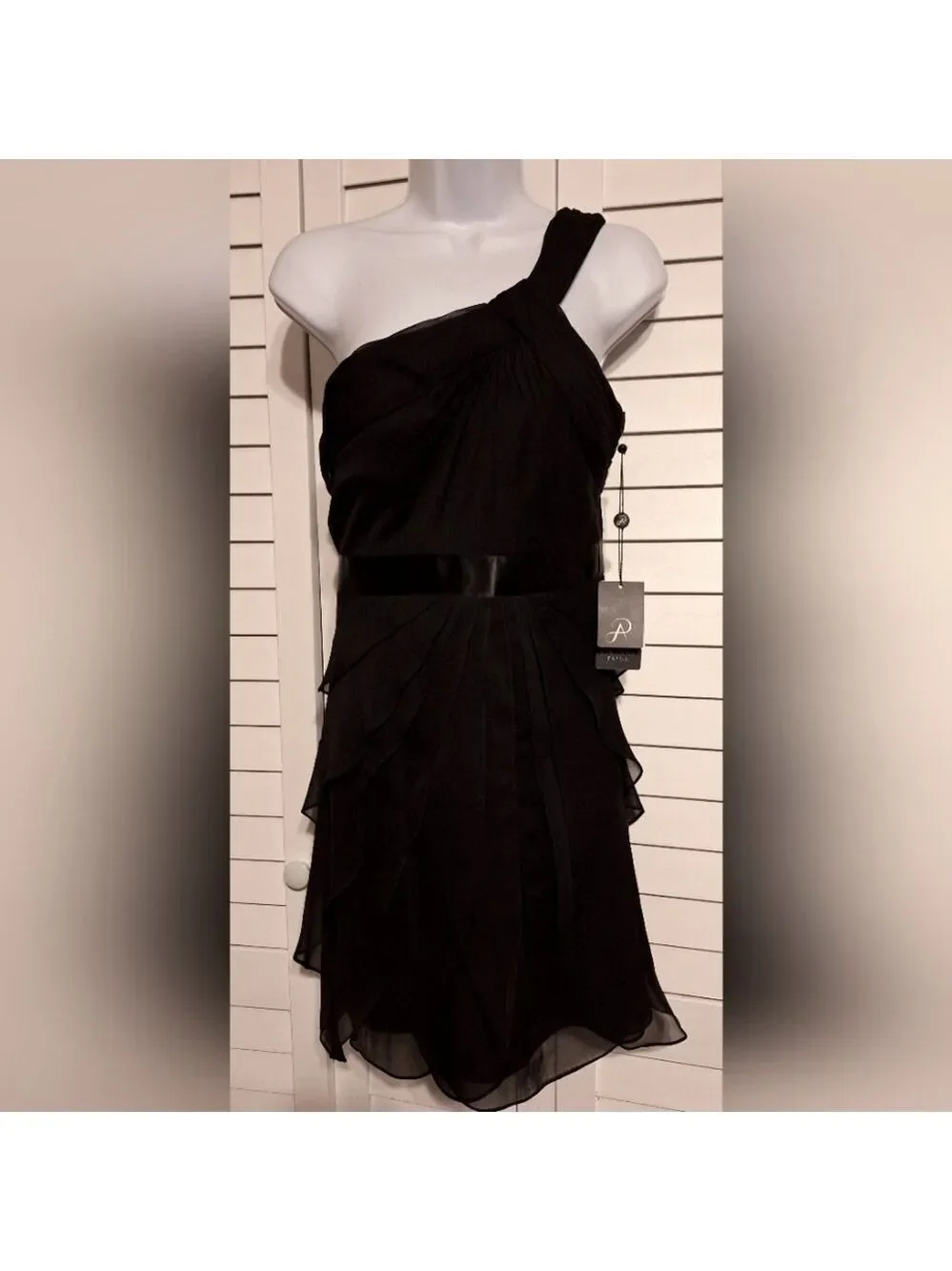 Adrianna Papell black draped one shoulder flutter dress Sz XS ptp 14" ruffle NWT - Picture 1 of 4
